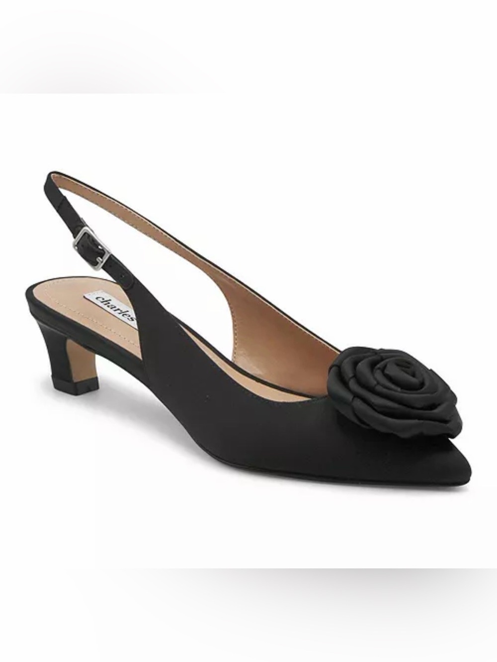 Charles David Black Satin Slingback Kitten Heels Floral Pumps NEW 8M MSRP $100